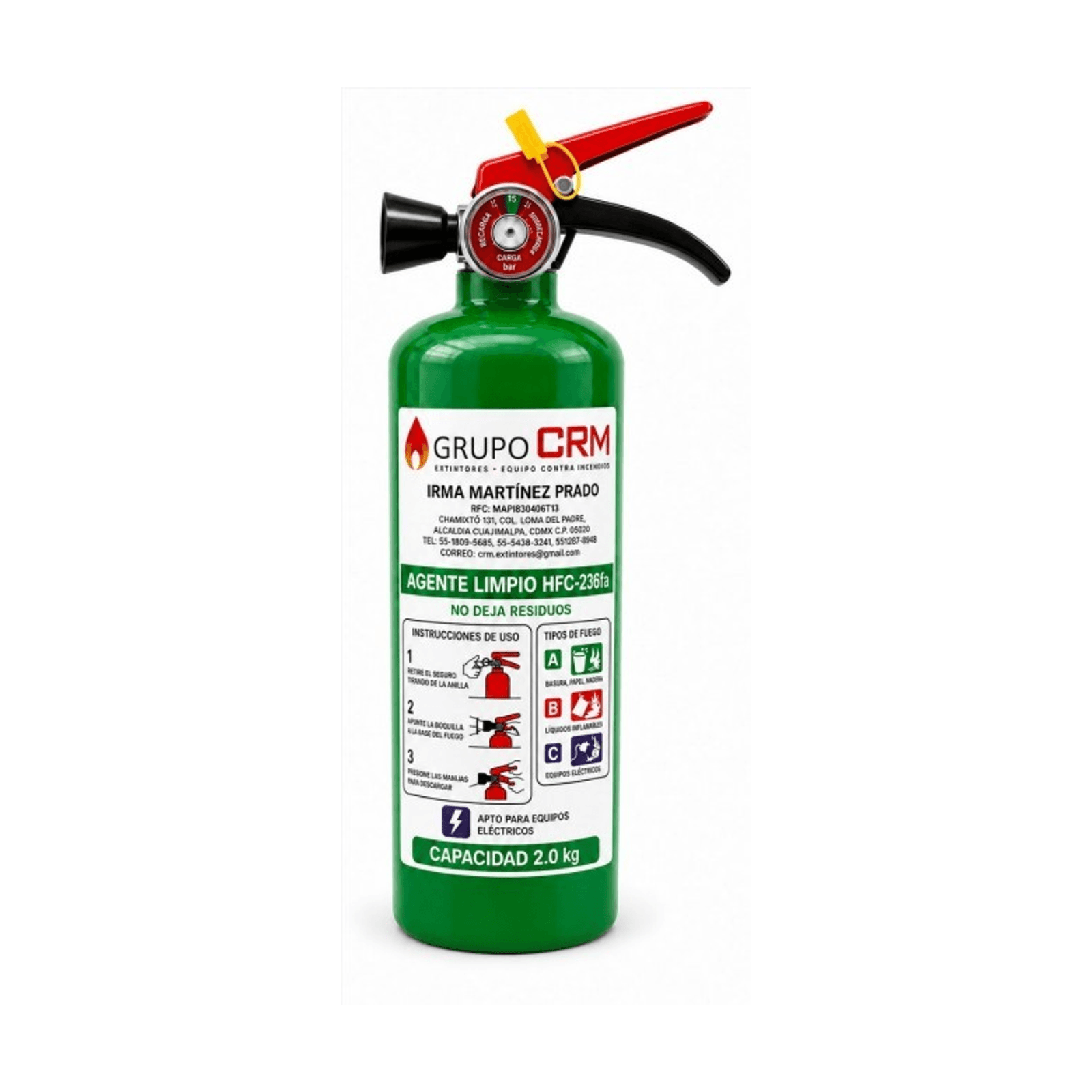 Extintor de agente limpio HFC-236fa - 2.0 kg — Grupo CRM