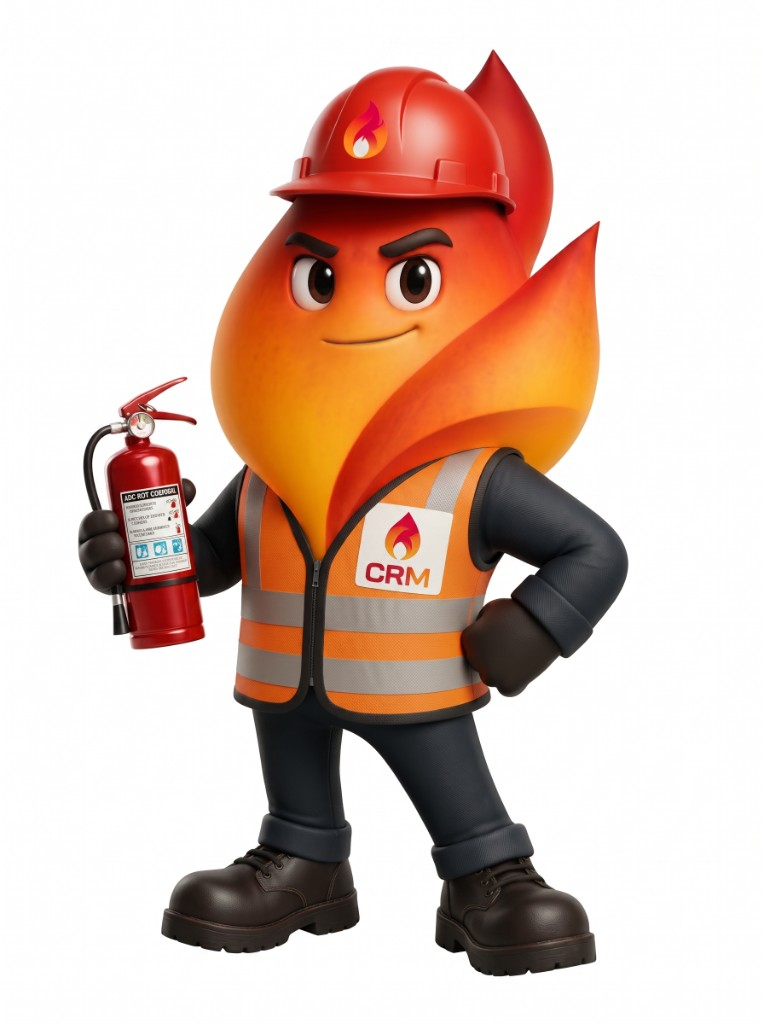 Inspector CRM con extintor, mascota de Grupo CRM Extintores