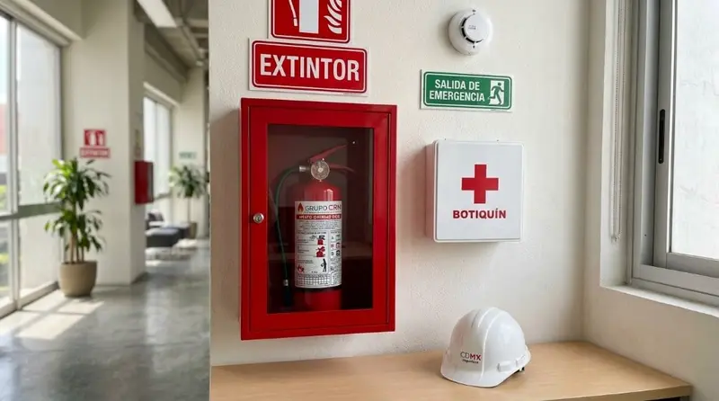 Punto de extintor, salida de emergencia y botiquín de Grupo CRM Extintores en un inmueble de CDMX