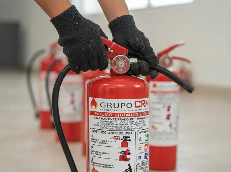 Revisión de extintor Grupo CRM: etiqueta de uso y manómetro